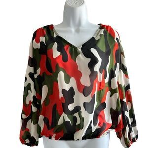 Camouflage Pattern Women Mesh Shirt, Long Sleeve Top, See Through Shirt Size M